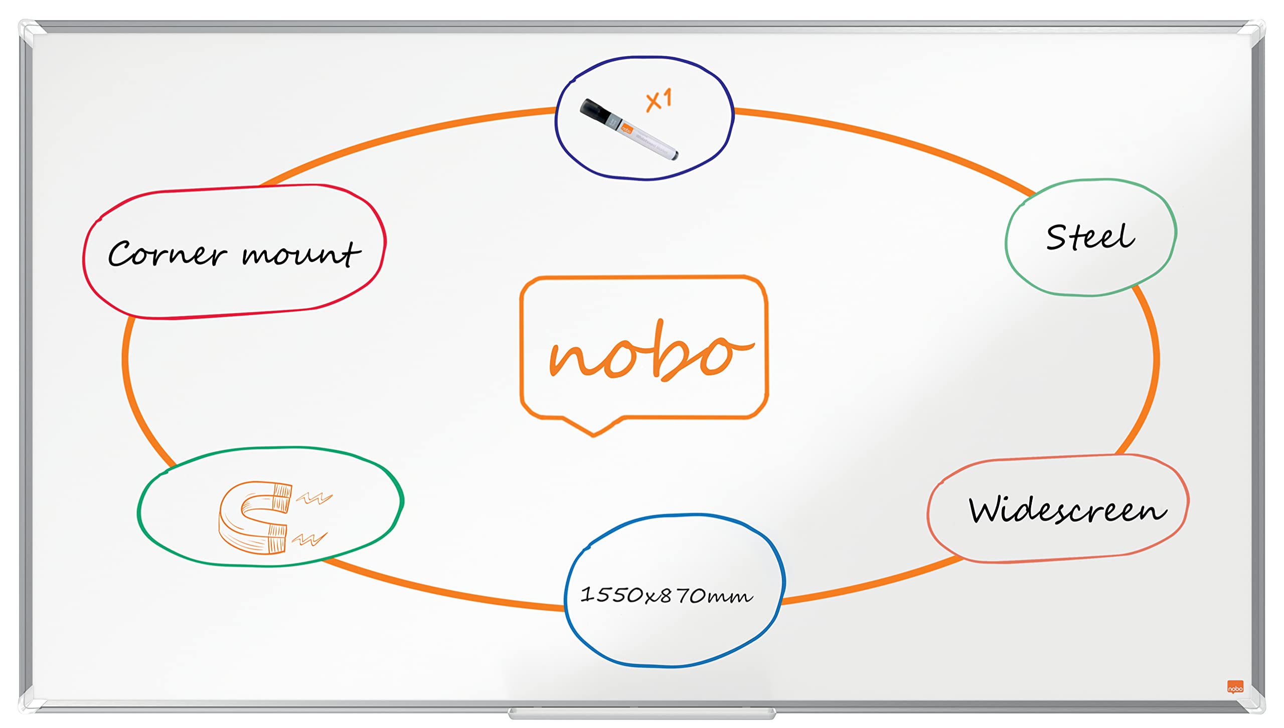 Nobo Premium Plus Widescreen Steel Magnetic Whiteboard – 1550x870mm, Aluminium Trim, EU Ecolabel Certified, 1915373