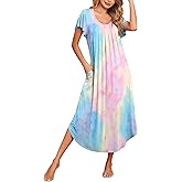 Ekouaer Long Nightgowns for Women with Pockets Short Sleeves Moo Moos for Women Casual Maxi Dress House Dresses S-XXXL
