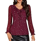 DRESSTELLS Women's Sequin Tops Ruffle V Neck Long Sleeve Double Layers Mesh Sparkly Blouses for Party
