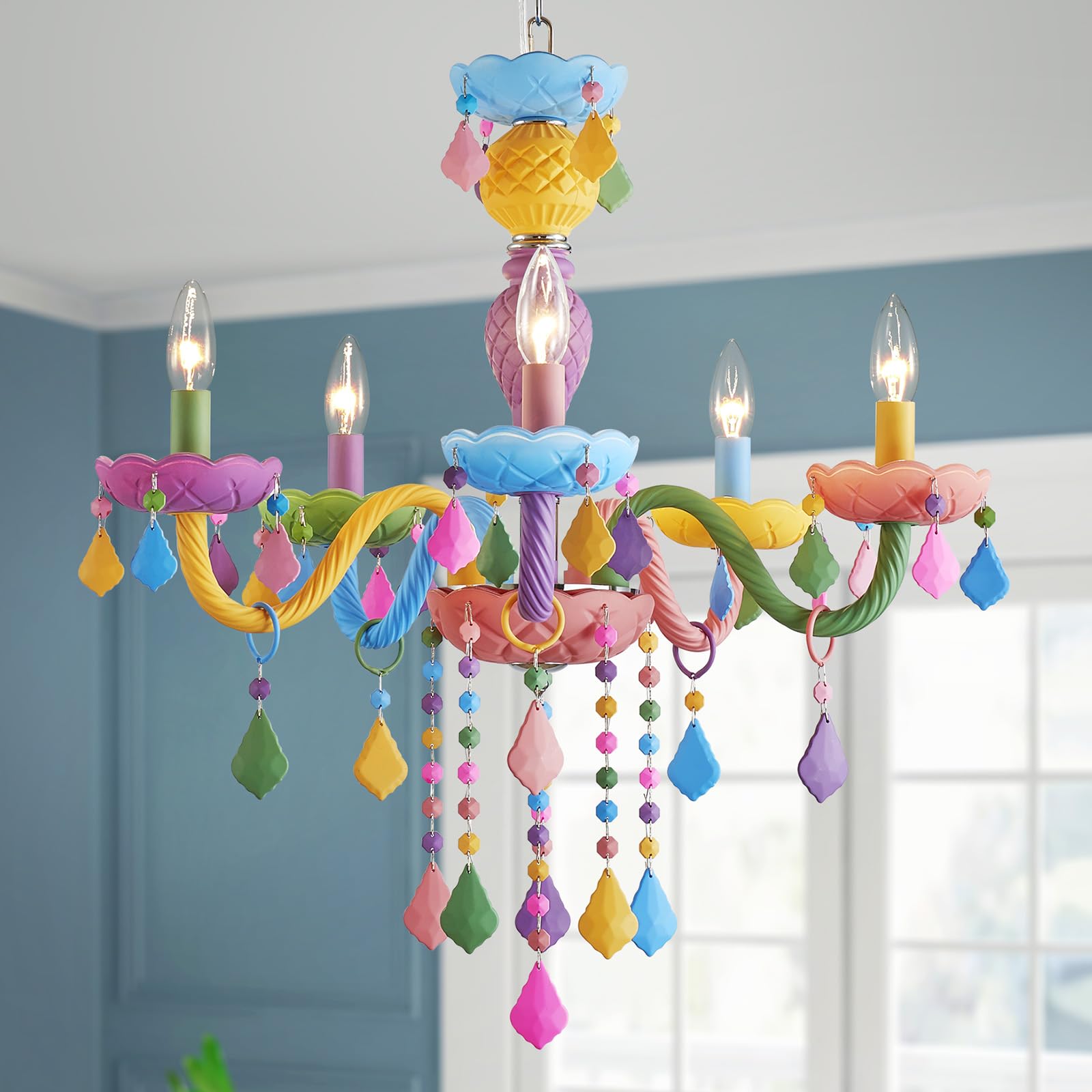 Photo 1 of 5-Lights Children Chandeliers, Modern Candy Design, Colorful Crystal Chandeliers for Bedroom, Dining Room, D22.8'' × H33.5'', Adjustable Height (33.5"~70.9"), Youth Color & Chrome Finish Frame