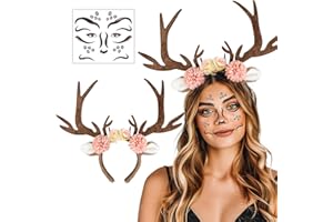 MOVINPE Reindeer Antlers Headband & Face Tattoos, Deer Ears Fluffy Headpiece with Face Sticker Gem for Christmas Halloween