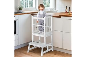 COSYLAND Kitchen Nursery Step Stool for Kids,Solid Bamboo Toddlers Standing Tower with Removable Safety Rail,Large Standing T