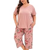 MUKVIK Plus Size Pajamas for Women Set, Womens Plus Size Short Sleeve V Neck Capri Pants Pajama Sets with Pockets