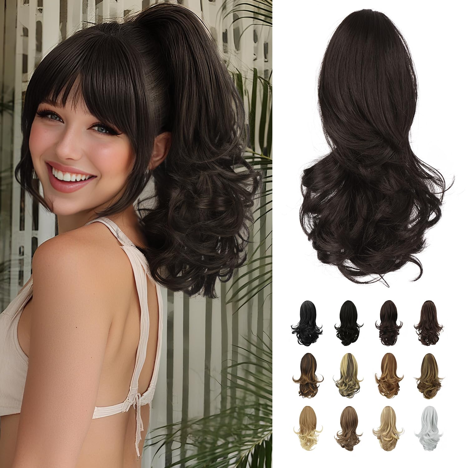 Sofeiyan 13" Ponytail Extension Long Curly Ponytail Clip in Claw Hair Extension Natural Looking Synthetic Hairpiece for Women,Medium Brown