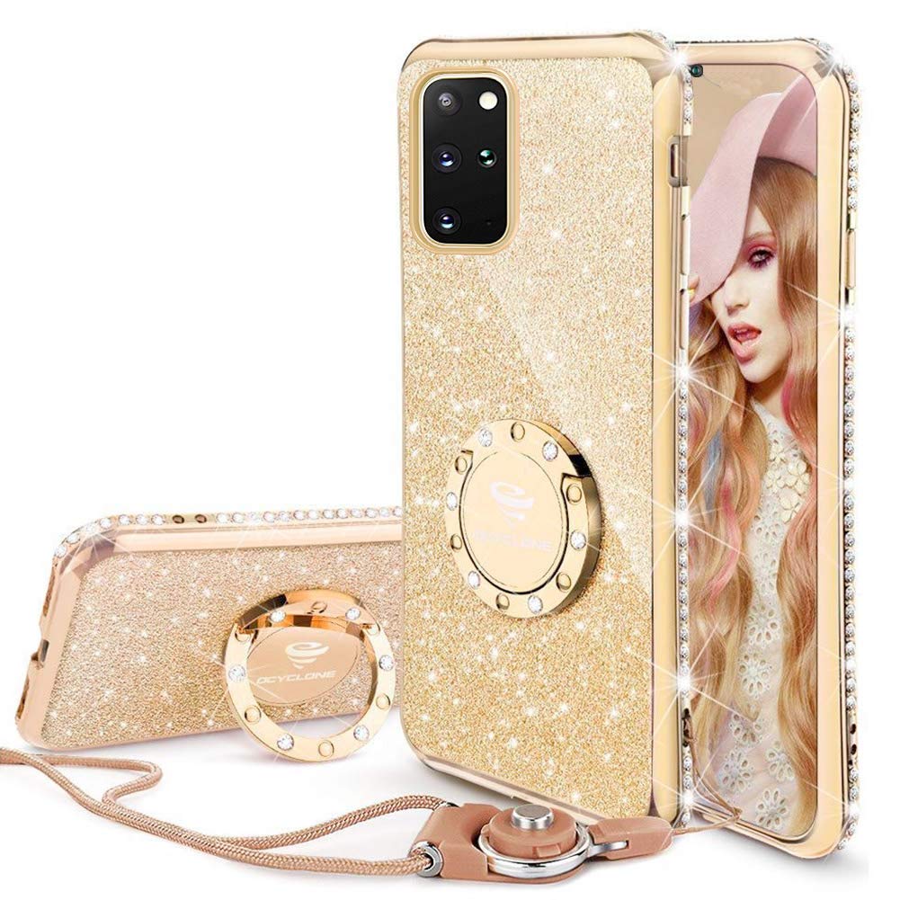OCYCLONE for Galaxy S20 Plus Case, 6.7in Glitter Diamond Kickstand S20+ Phone Case with Ring&Lanyard Designed for Girls Women, Bling Protective Case for Samsung Galaxy S20 Plus - Gold