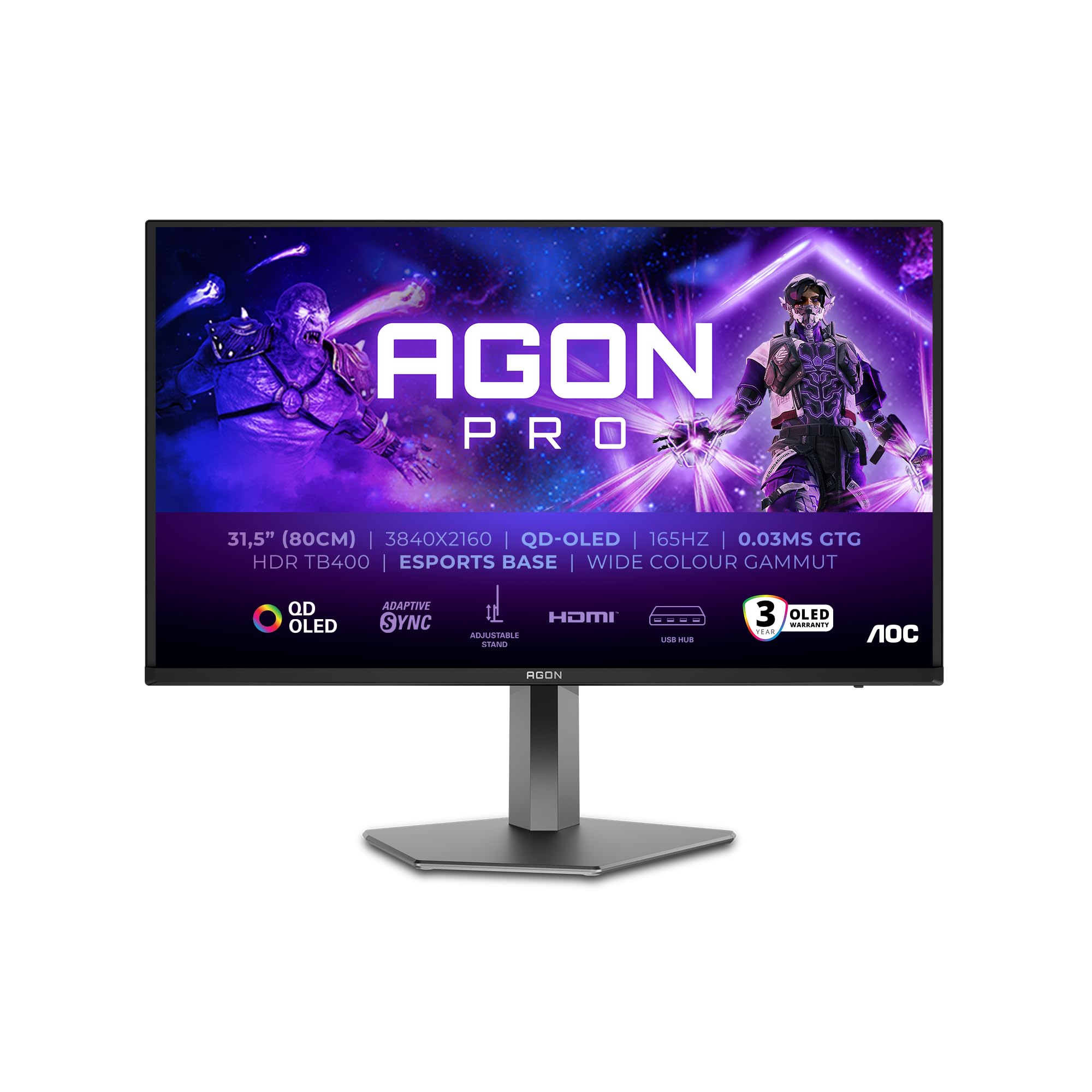 AOC AG326UDAM 32 zoll UHD USB Hub Gaming Monitor, 165Hz, QD-OLED Panel, 0.03ms GtG, HDR400 TB, FreeSync Prem. Pro, G-Sync Comp., Höhenverstellung,Lautsprecher,(3840x2160 HDMI 2x 2.1 DP 1x 1.4)Schwarz 2