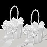 SHCHME 2 Pcs Flower Girl Basket and Ring Bearer Pillow Set, Handmade Ivory Pearl Handle Wedding Flower Basket and Ring Pillow