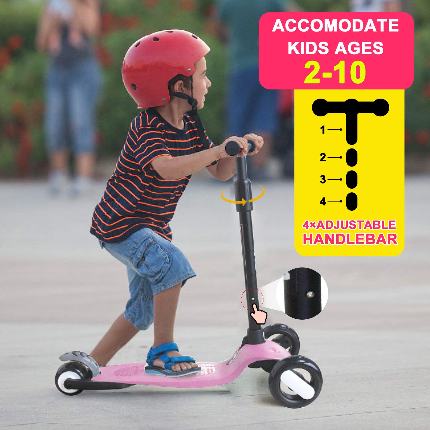 XJD Toddler Scooter Kick Scooter for Kids Great for Kids Boys Girls Light Up 3 Wheels Adjustable Height Children from 2 to 10 Year-Old, Pink