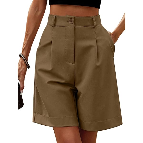 High Waisted Shorts For Women Knee Length Cotton Linen Shorts Elastic Waist Casual Summer Shorts With Pockets X Large Khaki 25