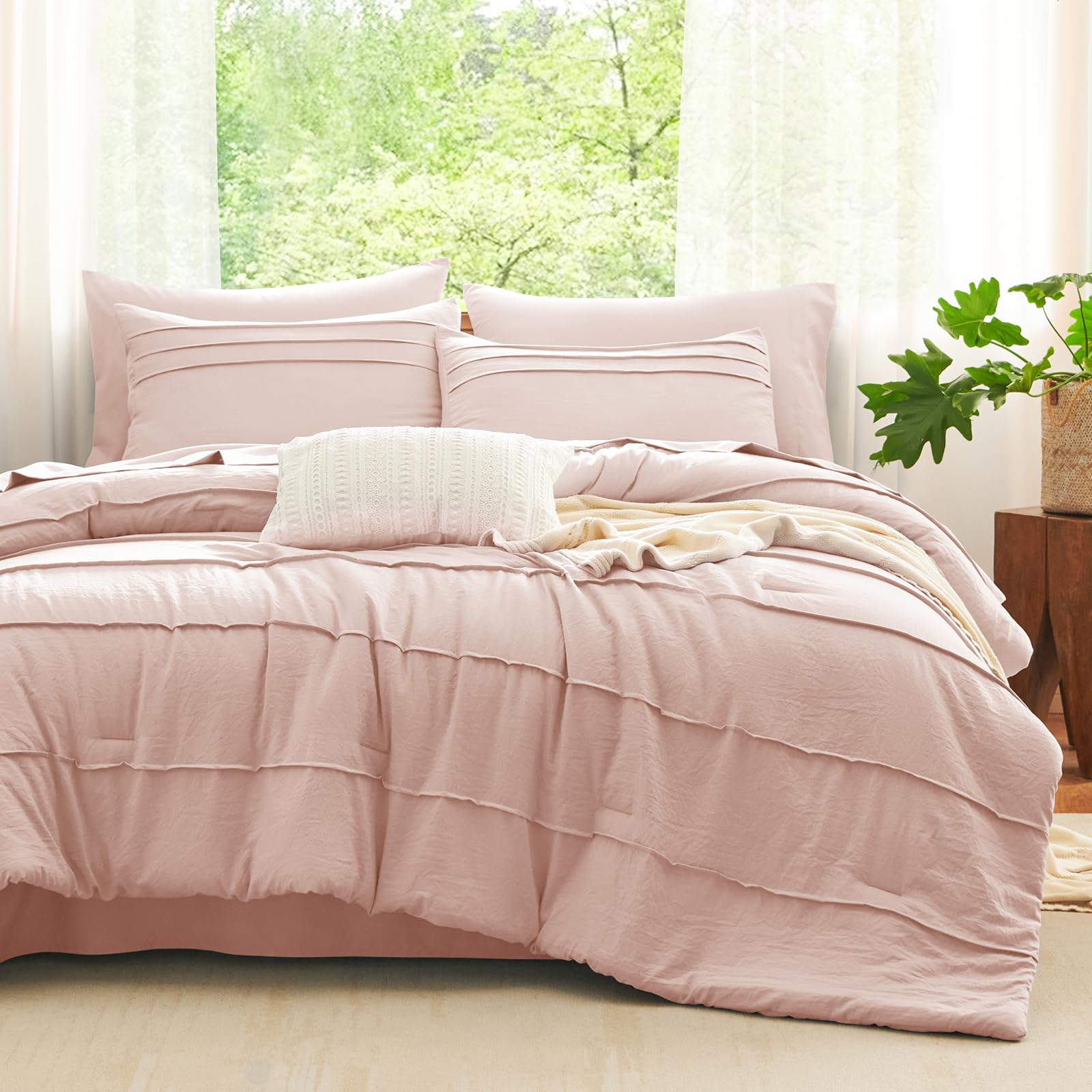 Photo 1 of CozyLux Queen Comforter Set Blush Pink, 7 Pieces Soft Prewashed Pinch Pleat Bed in a Bag Queen Comforter Set with Sheets, Boho Bed Set with Down Alternative Comforter, Sheets, Pillowcases & Shams