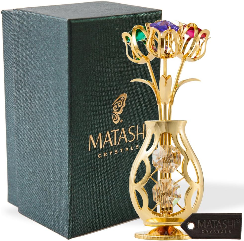 Matashi Flowers Bouquet and Vase Ornament with Colorful Crystals Home Decorative Tabletop Decorations Showpiece for Living Room Bedroom Gift for Christmas Valentine's Day Mother's Day Birthday
