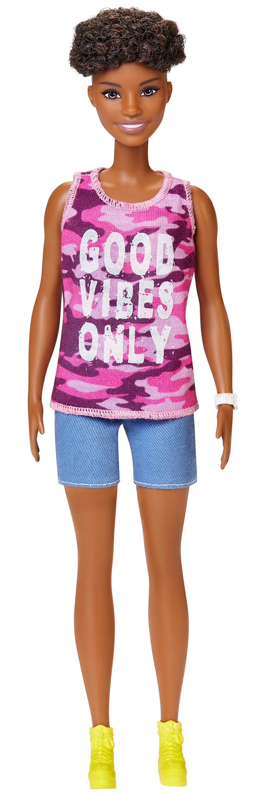 ​Barbie Fashionistas Doll with Short Curly Brunette Hair Wearing Good Vibes Only Camo Tank, Shorts and Accessories, for 3 to 8 Year Olds