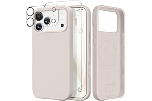 GONEZ Magnetic for iPhone 17 Pro Max Case, Compatible with MagSafe, [Screen Protector + Camera Lens Protector], Liquid Silicone Anti-Scratch Shockproof Protective Phone Case 6.9 inch, Stone