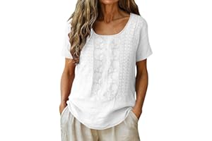 Summer Shirts for Women 2026 Cotton Linen Tops Embroidered Floral Casual Blouses Short Sleeve Loose Fit Tshirts