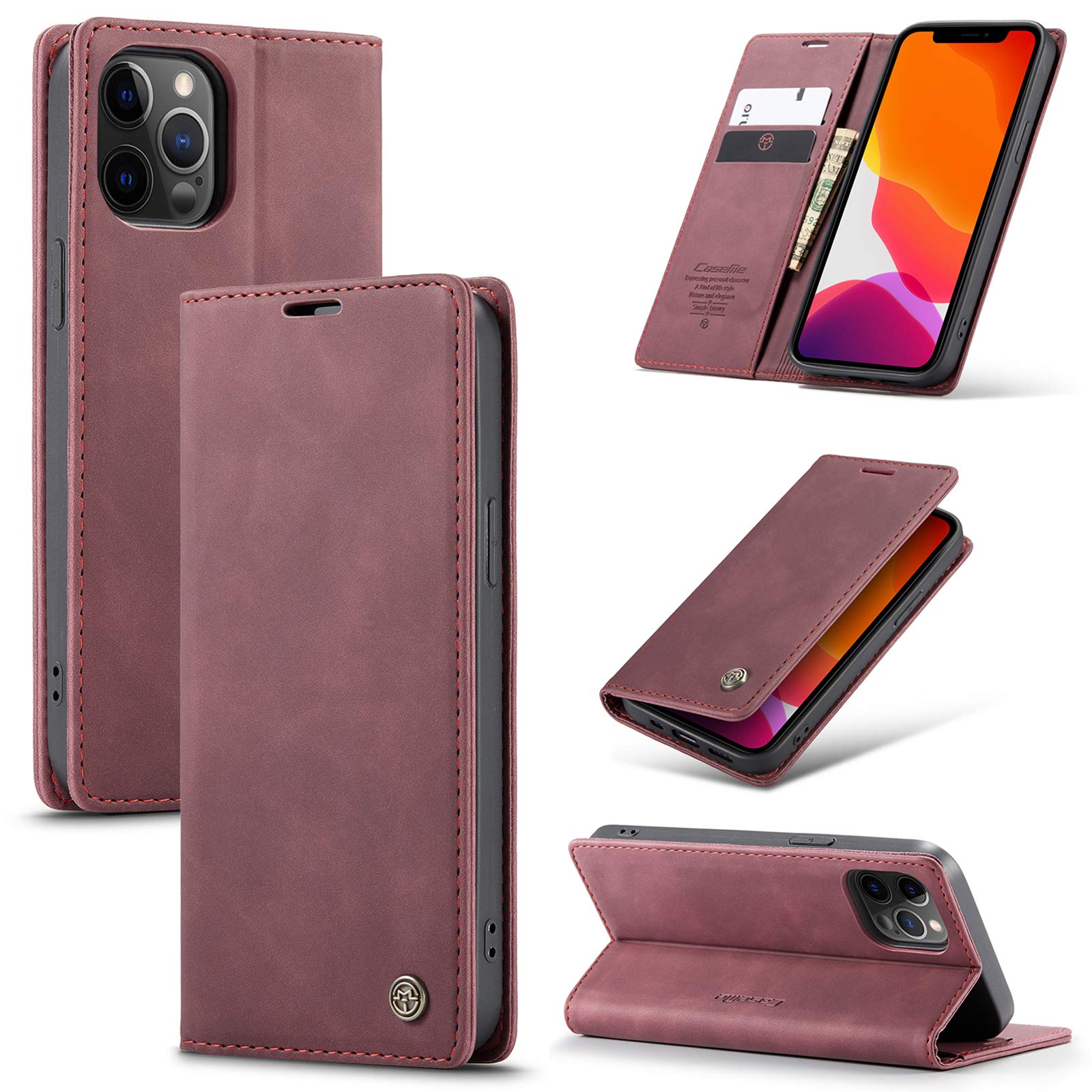UFinetech Case for iPhone 12 Pro, Shockproof Anti-scratch Cover with iPhone 12 Pro (6.1”), Leather TPU Slim Soft Flip Folio Magnetic Closure Kickstand Card Holder Wallet 2-in-1 Camera Protector, Red