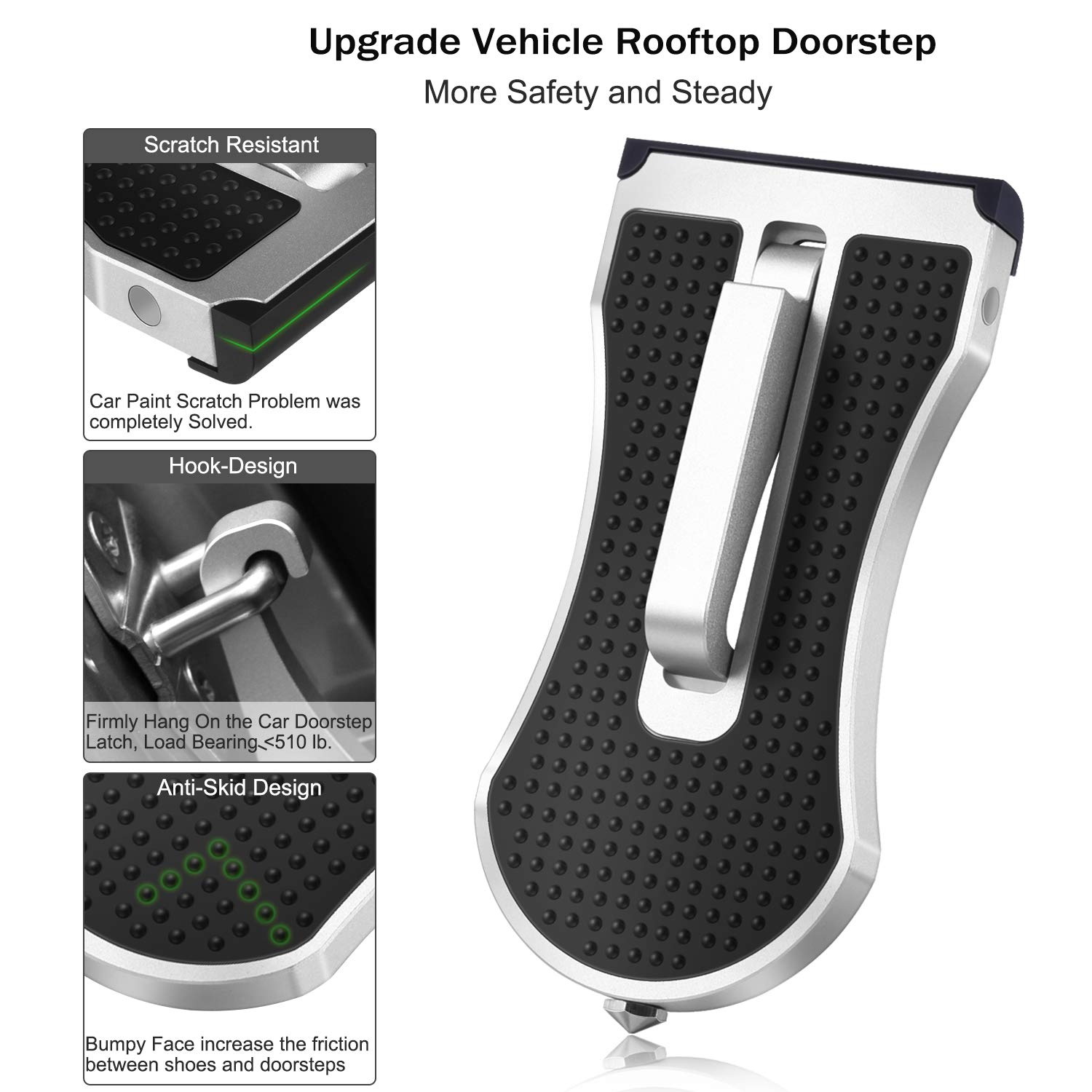 AK Car Doorstep Vehicle Rooftop Folding Ladder Foot Pegs with Safety Hammer Function Hooked on U Shaped Latch for Jeep SUV Off-Road Car, Easily Access to Car Rooftop Roof-Rack