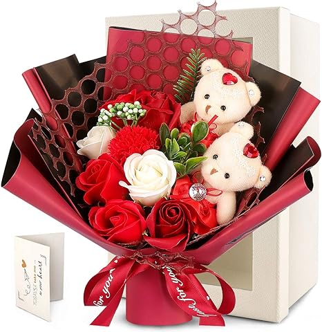 Amazon Yobansa 精巧な花束 ソープフラワー 花束 ブーケ 枯れない花 薔薇 石鹸フラワー ぬいぐるみ花束 敬老の日 母の日のプレゼント 誕生日プレゼント 女性 結婚記念日 卒業 入学 出産 開業 転職 昇進 退職 お祝い ギフト 2ベア 赤い 造花 オンライン通販