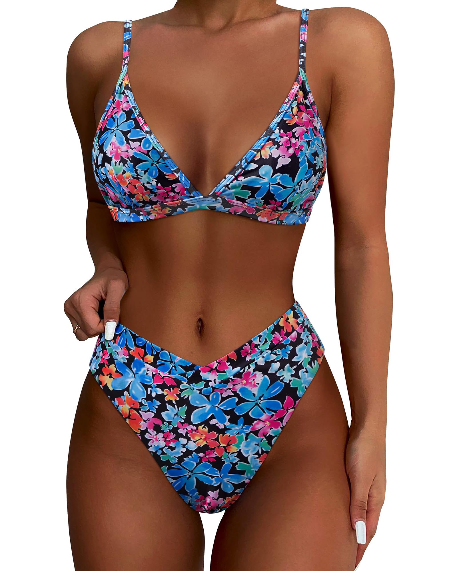 Photo 1 of SUUKSESS Women Triangle High Cut Bikini Sets Sexy High Waisted Color Block Two Piece Swimsuits Push Up Bathing Suits(Vibrant Floral Print,M)