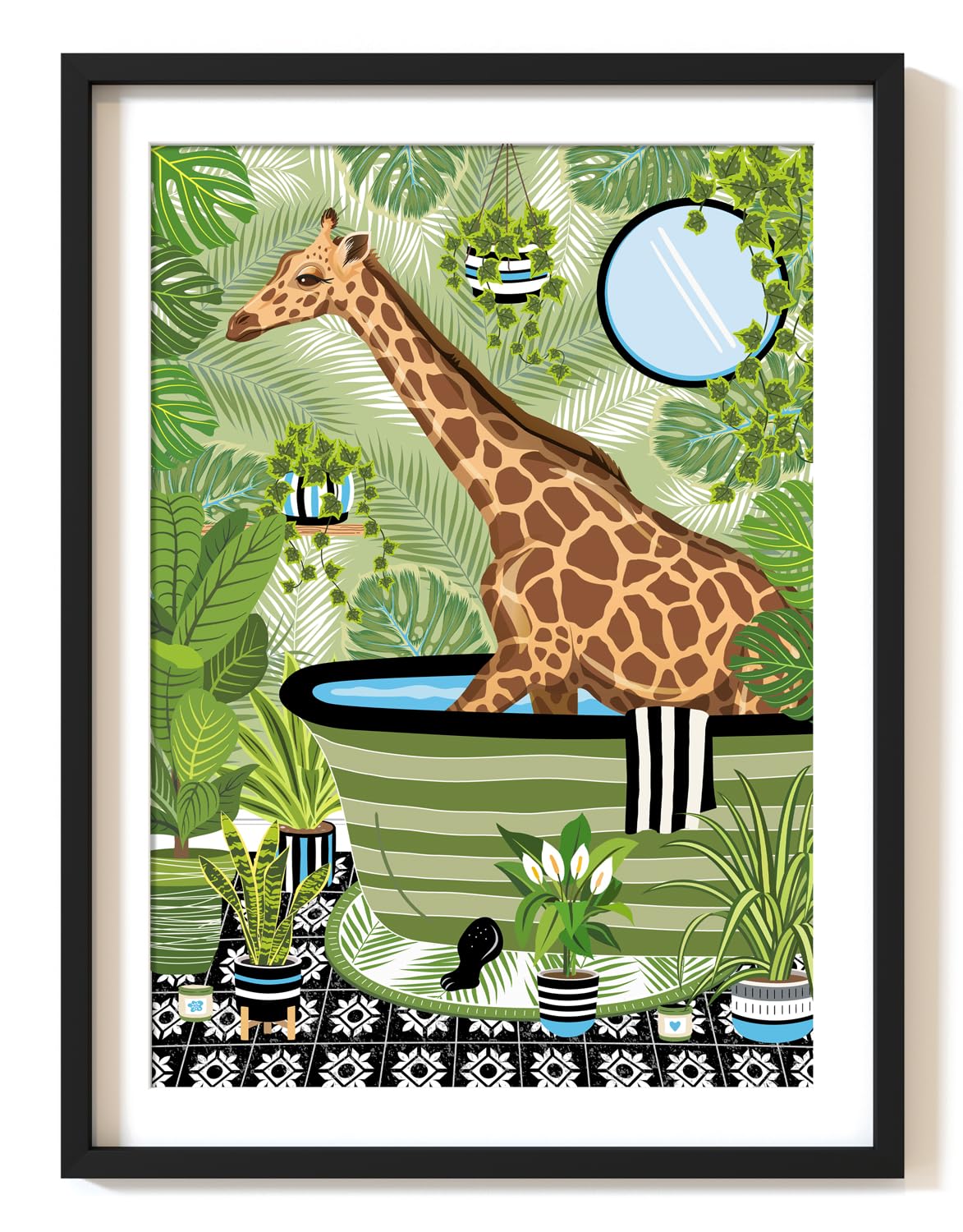 Parmaro Giraffe in Bath Print, Giraffe in Bathroom Print, A4 UNFRAMED Print, Animal Toilet Print, Green Black, Giraffe Toilet Print, Tropical Bathroom Decor
