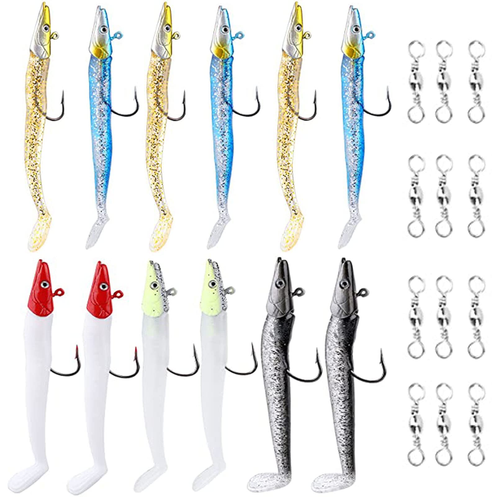 12Pcs Soft Fishing Lures Jig Head with T Tail Soft Fish Baits, 22g Sinking Fishing Baits Swimbaits Fish Hooks Paddle Tail Sand Eel Including 2 Luminous Fishing Jigs for Pike Bass Trout Perch