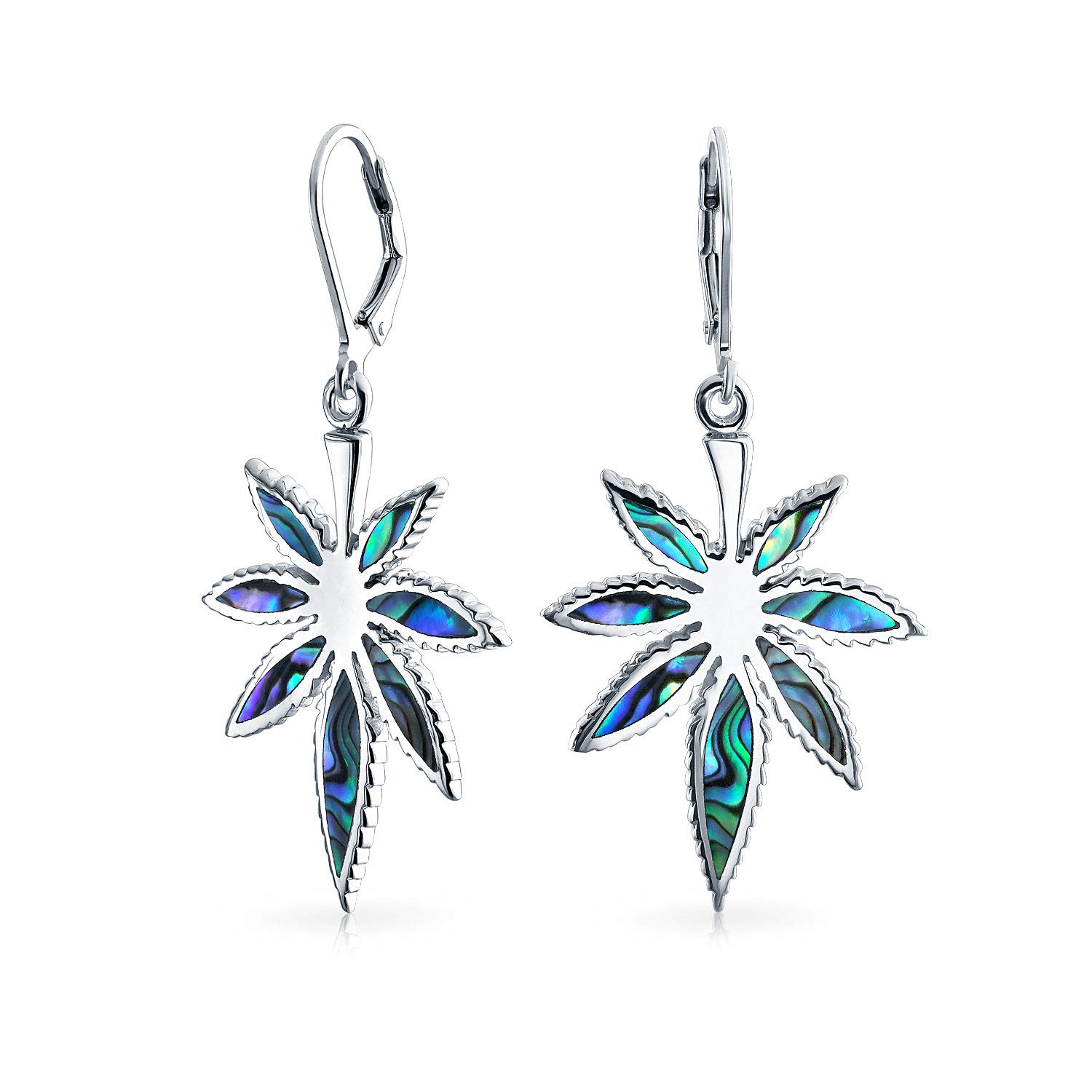Rainbow Iridescent Inlay Abalone Shell Weed Marijuana Leaf Drop Dangle Earrings Western Jewelry For Women .925 Sterling Silver Lever Back