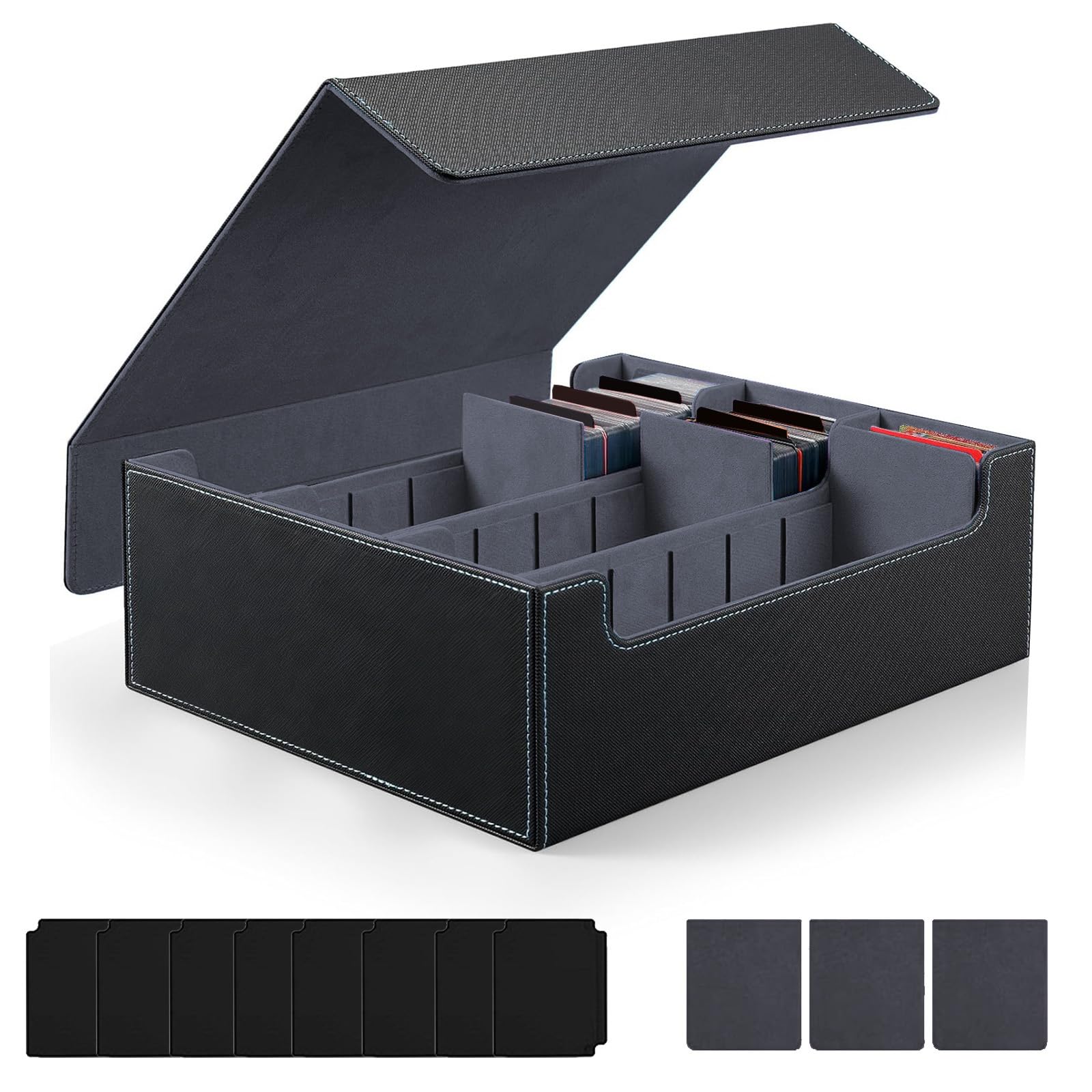 LZEXIN Card Deck Box with Adjustable Rows Size, MTG Deck Storage Box Holds 2400+ Cards, PU Leather Commander Card Collection Box with Magnetic Closure for MTG, YuGiOh, TCG(C-Grey)