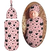 AuHomea Halloween Cute Cartoon Bat Newborn Swaddle Blanket with Beanie Set Soft Baby Sleep Sack Stretch Adjustable Swaddle Wraps Receiving Blankets