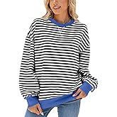 Fancy Uyee Women's Oversized Striped Crewneck Sweatshirt Long Sleeve Pullover Top Casual Y2K Fall Clothes 2026 Workout Shirt(Black White,XXL)