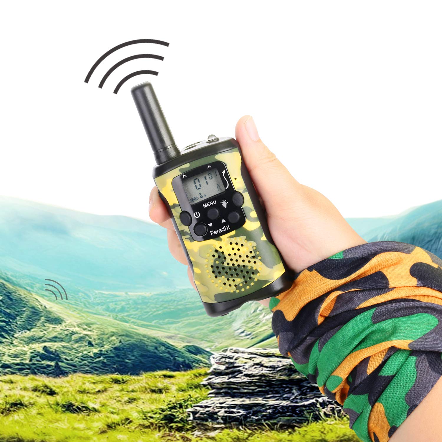 Peradix Talky Walky pour Enfant 3 Miles Longue 8 Canaux Talkies-Walkies， Écran LCD et Lampe de Torche,Prévoir Coques sont Fournis et Foulard Motif Militaire,Camouflage Talkie Walkie Enfants