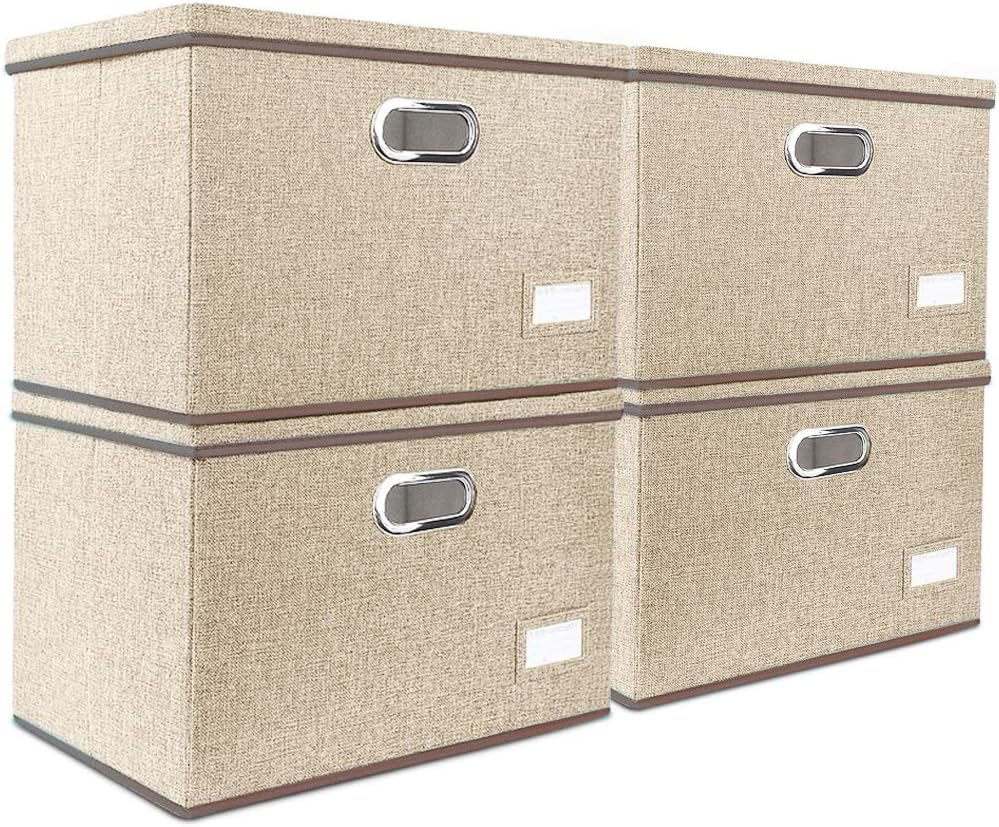 Large Foldable Fabric Storage Bins with Lids Washable Transparent Slot Design [4-Pack]Fashionable Decorative Collapsible Linen Organizer Box Used For Clothes Toys Books CDS Home Closet Bedroom Office