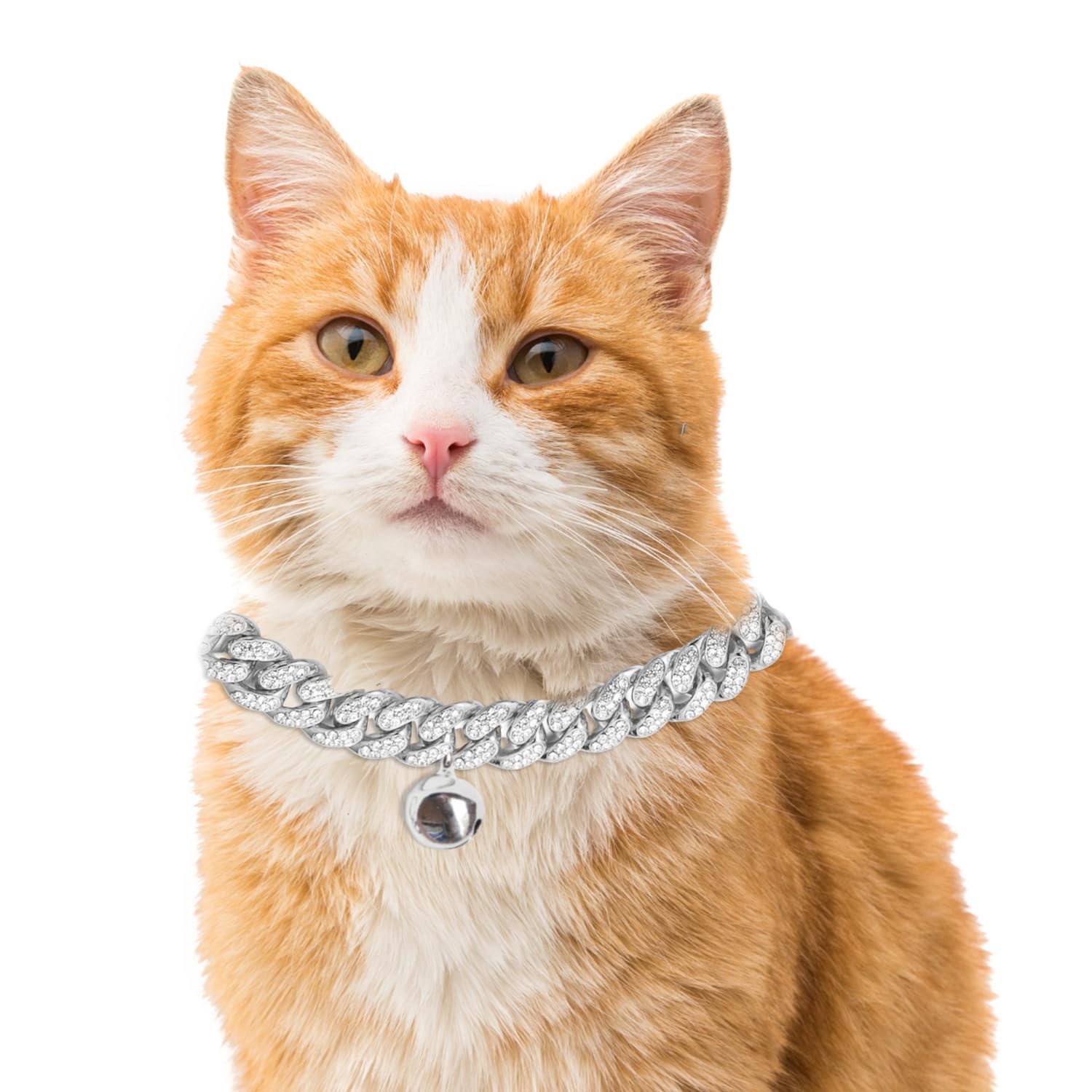 Halukakah Cat Collar - Carat - Iced Out Diamond Cuban Link Gold Chain for Cats & Kittens - Platinum Plated 20cm Collar Size - with Bell - for Decoration Only - Get Your Cat Catwalk Ready — image 1