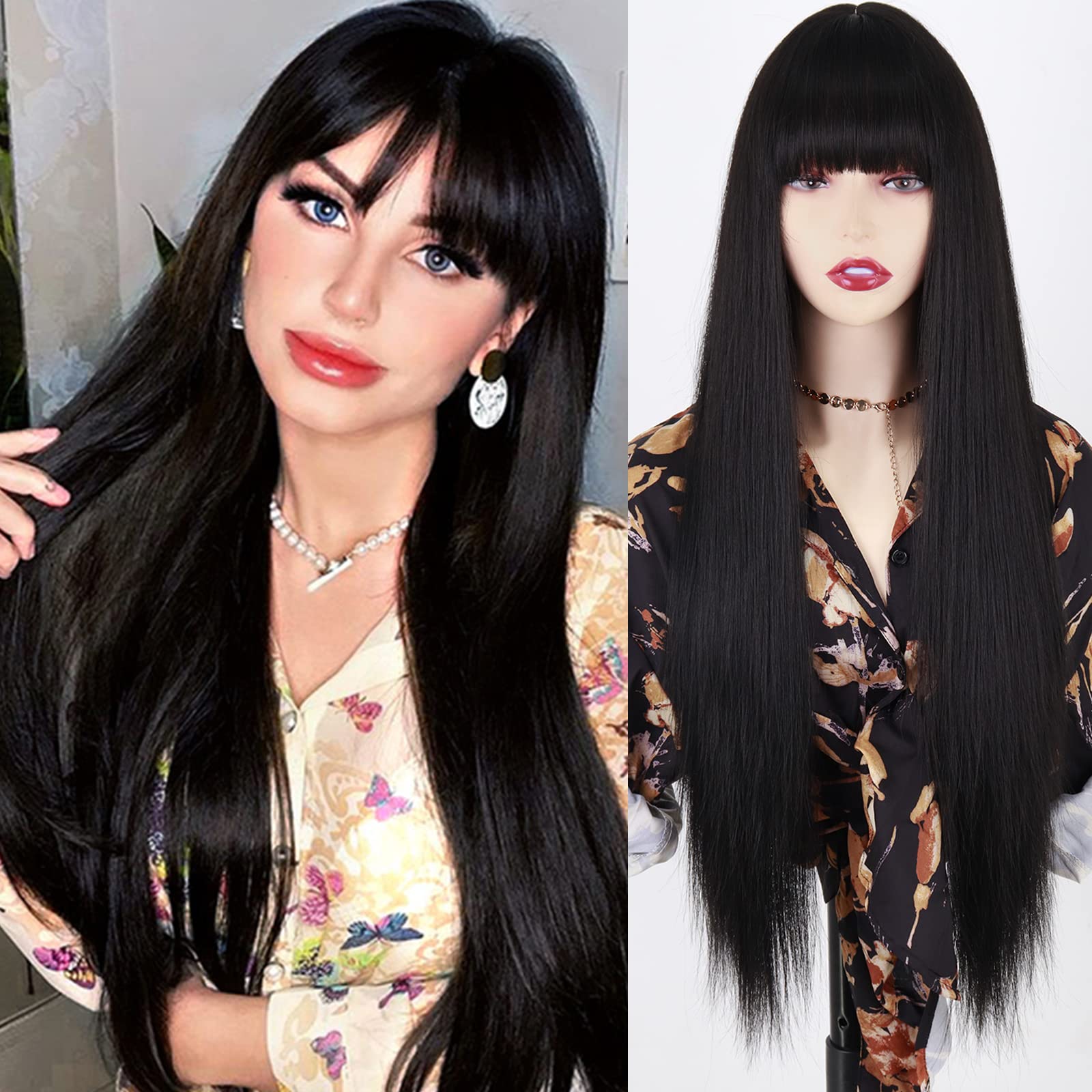 Photo 1 of MISSQUEEN Long Black Wigs with Bangs, Straight Black Wigs for Women, Synthetic 30 Inch Long Straight Black Bangs Wig for Daily Wear