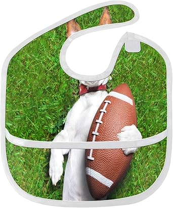 Baby-Lätzchen-Fußball-Hund, der Rugbyball-Lachen hält