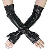 Luwint Long Fingerless Gloves, Faux Leather Women Elbow Length Sleeve for Dress Opera Party, Black (XS-M)
