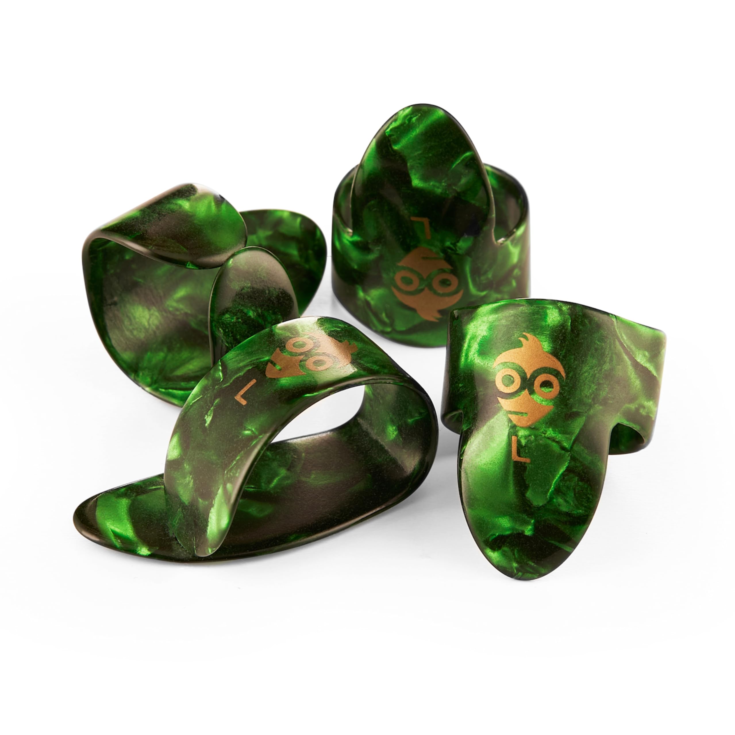 Pick Geek Finger and Thumb Pick Set | 1 x Celluloid Thumb Pick | 3 x Celluloid Finger Picks | Large Size | Green Tortoiseshell Colour | Includes Draw-String Bag for Safe Keeping