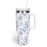Whaline 40oz Blue Flower Tumbler with Handle Straw and Lid Spring Travel Tumbler Chinoiserie Floral Coffee Cup for Women Friend Holiday Birthday