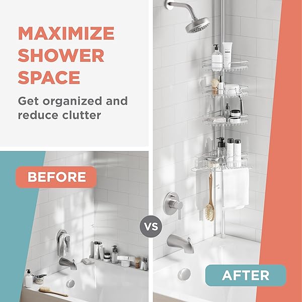 ZENNA HOME TENSION POLE SHOWER CADDY CORNER ORGANIZER, ADJUSTABLE STANDING SHOWER CADDY WITH 4 BASKETS AND BUILT IN TOWEL BAR, RUST RESISTANT BATHROOM TENSION ROD ORGANIZER, 60 TO 97 INCH, CHROME