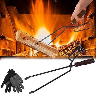 Mocoli 40cm Heavy Duty Firewood Tongs for Fireplaces Stoves Campfires w/ Gloves