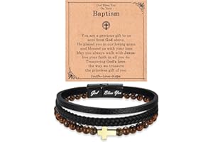 EYQV Easter Basket Stuffers, Easter Baptism Confirmation First Communion Gifts for Boys Teens Kids Men, Cross Leather Tiger Eye Stone Bracelet Gifts for Son Godson Grandson Nephew Brother Dad Husband Uncle