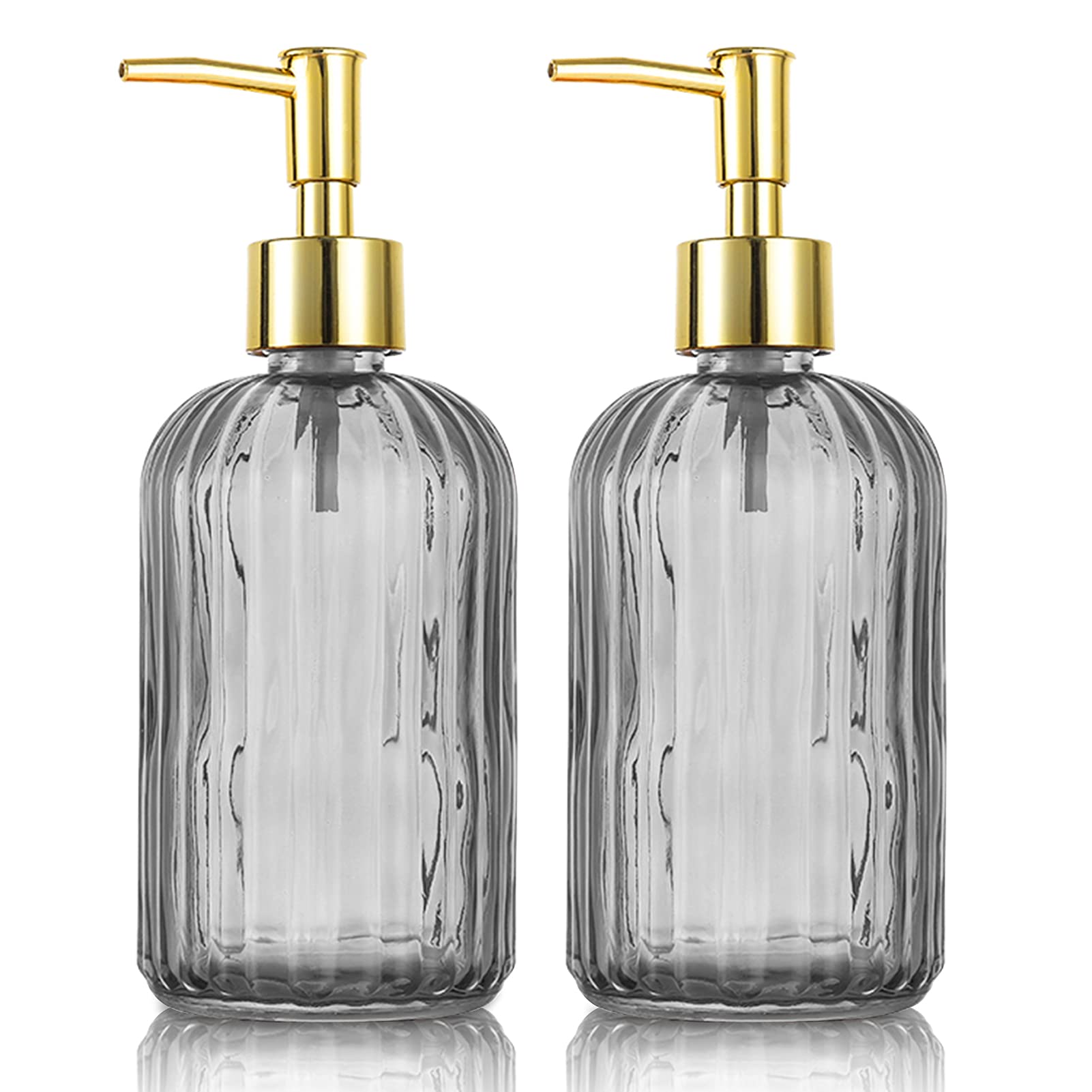 HOHAOO Versatile Glass Soap Dispenser Bottle with Pump, 14 Oz Dripless Pump Bottle, Refillable Liquid Hand Jar Dispenser for Bathroom, Countertop, Kitchen, Laundry Room(Grey, 2 Pack)