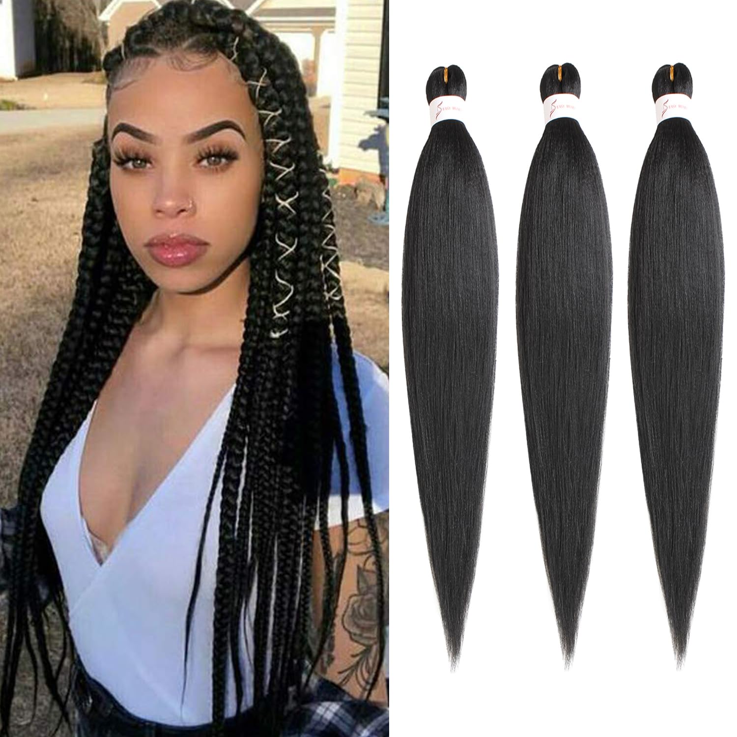 Mscat 26 Inch 3 Packs Pre Stretched Braiding Hair Black Pre Stretched Braiding Professional Synthetic Prestretched Crochet Braids Hair Extension Hot Water Setting Yaki Texture (1B#) — image 1