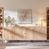 IFGET 92.63" W Modern Arched Sideboard Buffet Cabinet with Storage, Natural | Fluted Arch Sideboard Cabinet w/Adjustable Shelves, Wooden Modular Kitchen Cabinet for Dining&amp; Living Room, Entryway