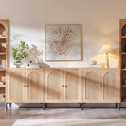 IFGET 92.63" W Modern Arched Sideboard Buffet Cabinet with Storage, Natural | Fluted Arch Sideboard Cabinet w/Adjustable Shelves, Wooden Modular Kitchen Cabinet for Dining& Living Room, Entryway