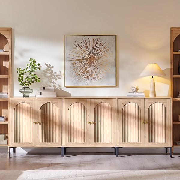 IFGET Modern Buffet Cabinet with Storage, 92.63" W Fluted Arched Sideboard Cabinet w/Adjustable Shelves, Wooden Modular Coffe
