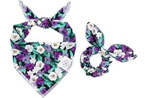 E-Clover Dog Bandanas & Matching Scrunchie Set Hawaii Dog Bandana Scarf Bibs Washable Kerchief for Medium Large Dogs & Pet Owner Purple Halloween Accessories