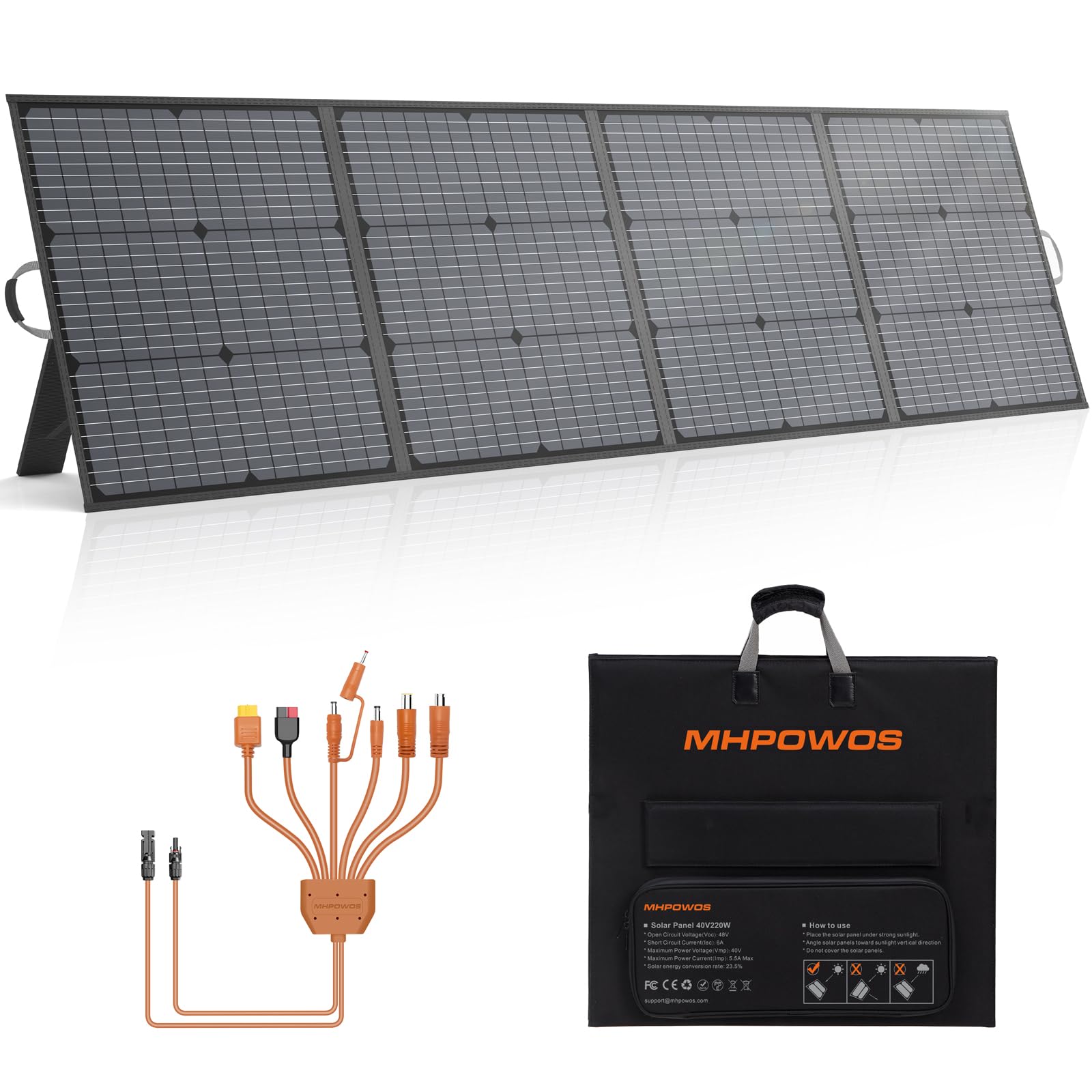 MHPOWOS 220W Tragbares Solarpanel, IP67 Wasserdichtes 40V Monokristallines Faltbares Solarpanel Power Backup, Langlebiges Solar Ladegerät Solarpanel Kit für Powerstation RV Camping Off Grid Angeln