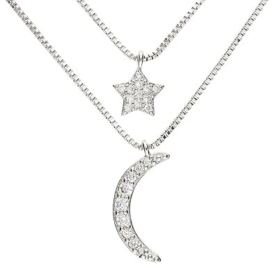 MYA art Damen Halskette Collier 925 Sterling Silber Doppel Mehrreihige Zwei Kette Stern mit Mond Stein Steinchen Anhänger Meh