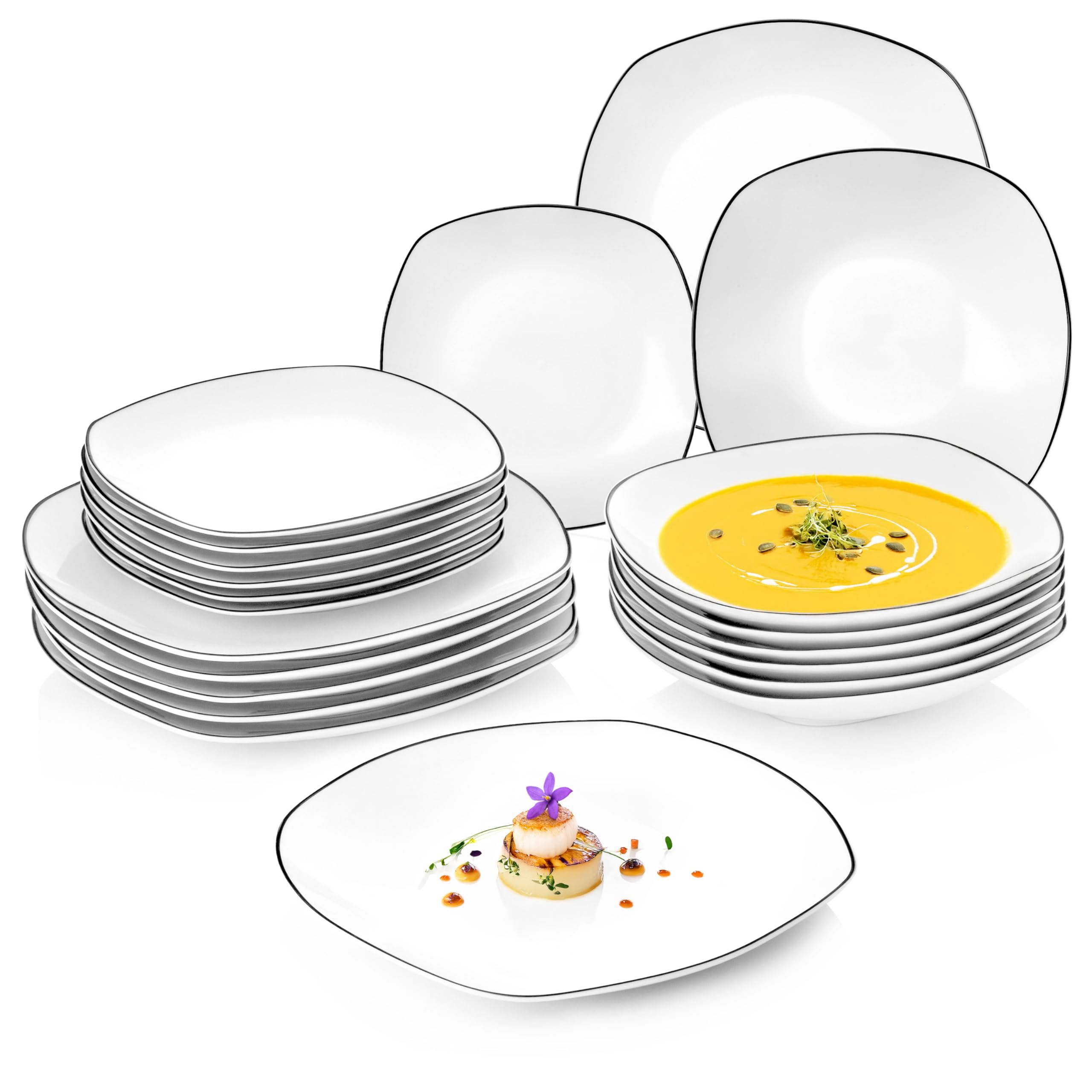 SÄNGER | Teller Set Bilgola Black Rim 18 tlg, Porzellan Geschirrset 6 Personen Tafelservice Spülmaschinenfest, Essgeschirr mit Flachen & Tiefen Tellern mit Schwarzen Akzenten | PREMIUM COLLECTION