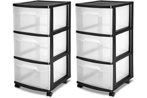 Sterilite 3 Drawer Storage Cart, Plastic Rolling Cart with Wheels to Organize Clothes in Bedroom, Closet, Black with Clear Dr