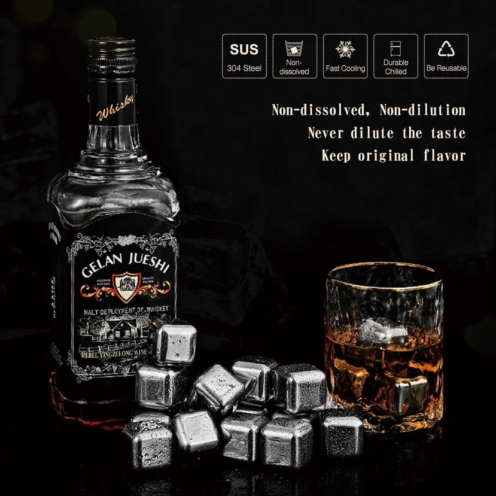 16 Pack Reusable Stainless Steel Ice Cubes for Drinks - Metal Whiskey Stones, High Cooling Technology, for Whiskey, Vodka, Liqueurs, Wine, Beverage Juice or Soda, Pack of 16
